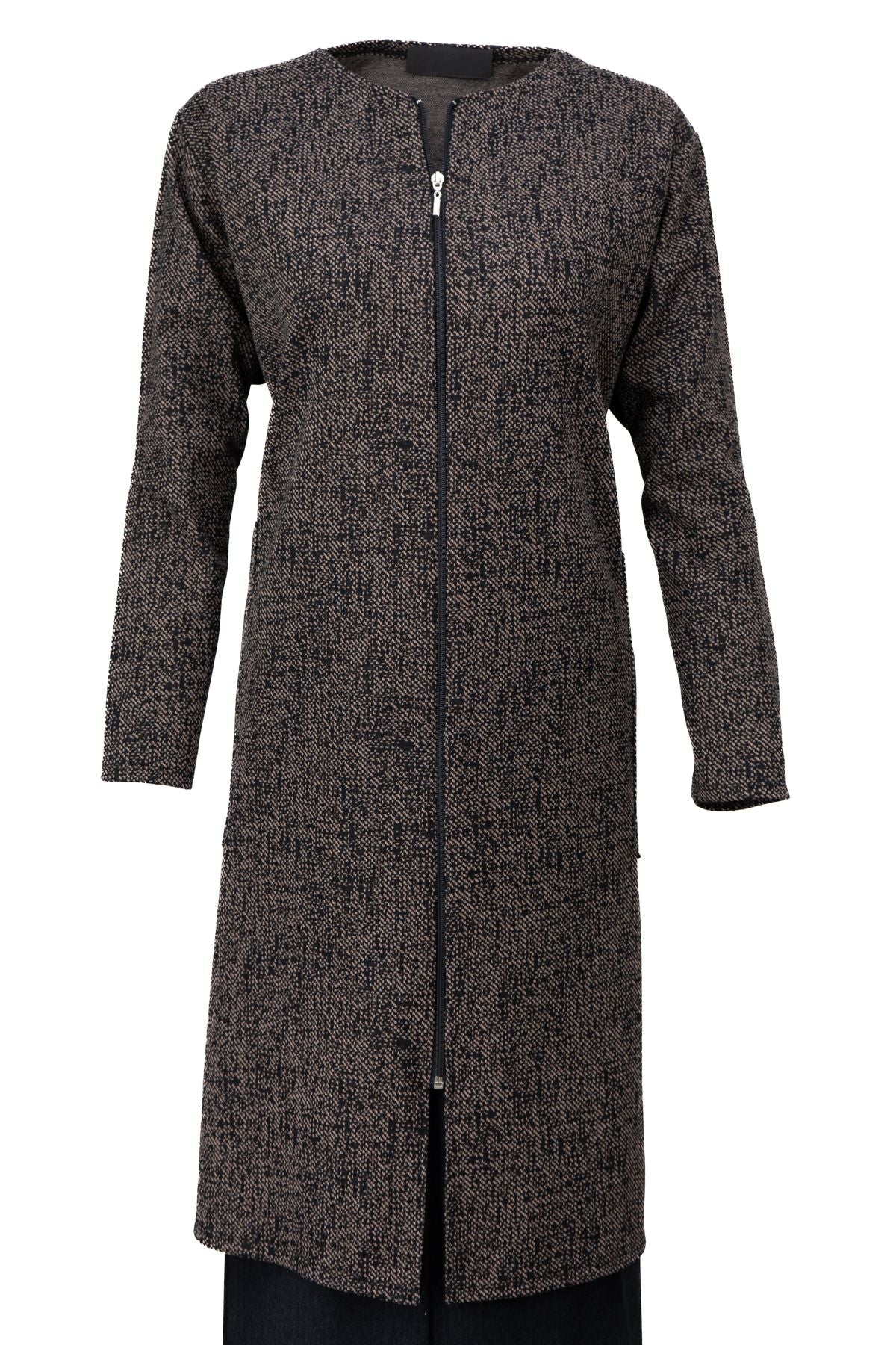 Kadın Kışlık Anne Uzun Hırka Pamuklu Fermuarlı V Yaka Çift Cepli Likralı Yasemen Modelli